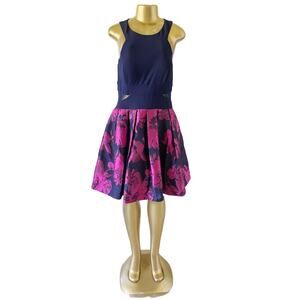 X By Xscape Fit & Flare Dress Womens 14 Pink Blue Floral Sleeveless Pleated